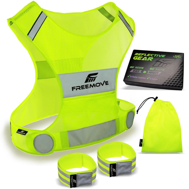 FREEMOVE Reflective Vest Running Gear + 2 Bands & Bag/Ultralight & Comfy Safety Vests with Front Pocket > High Visibility Reflector > for Men, Women > Running, Dog Walking or Cycling - Image 1